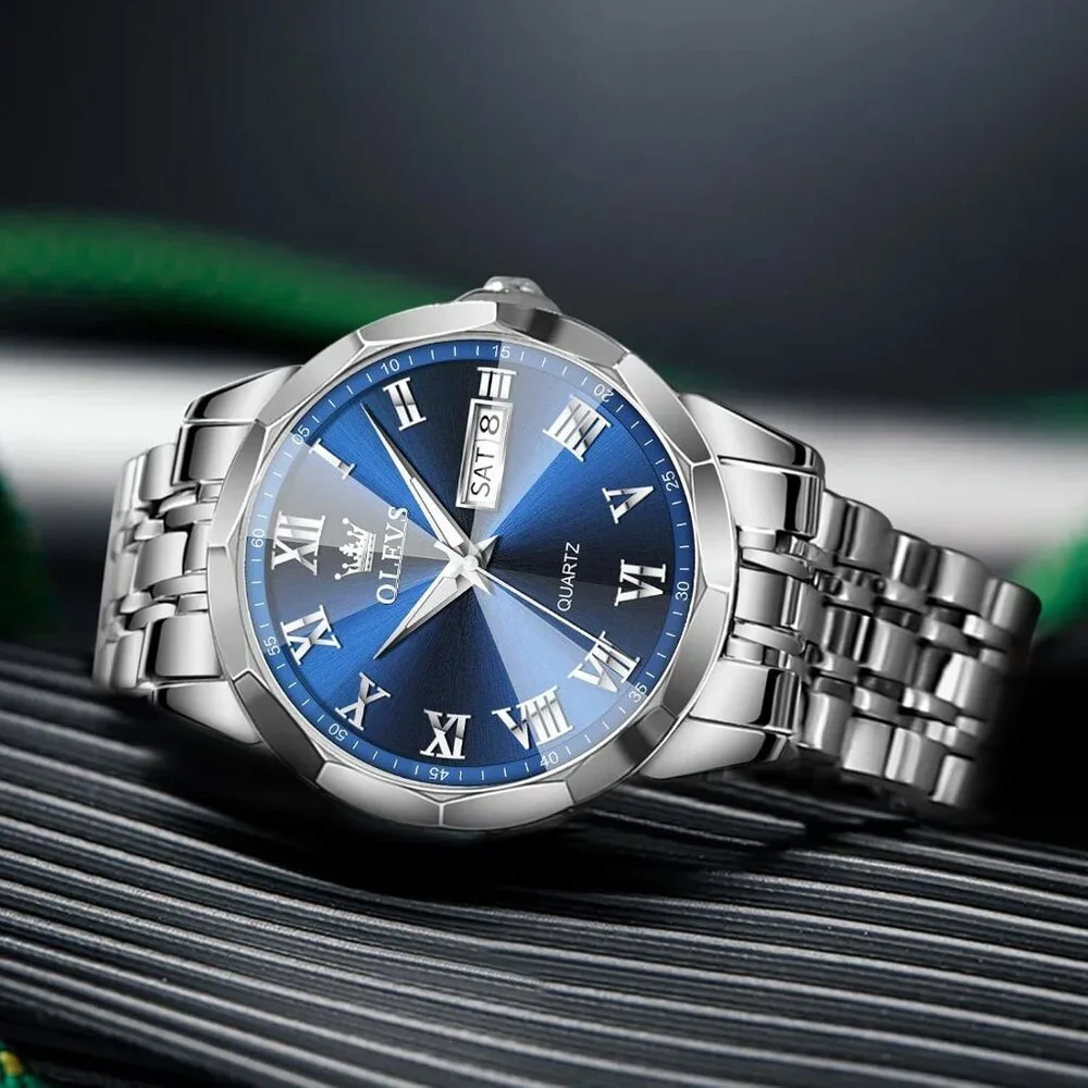Olevs Men's Silver Blue Steel Stain Waterproof Stainless Luminous Stylish Watch